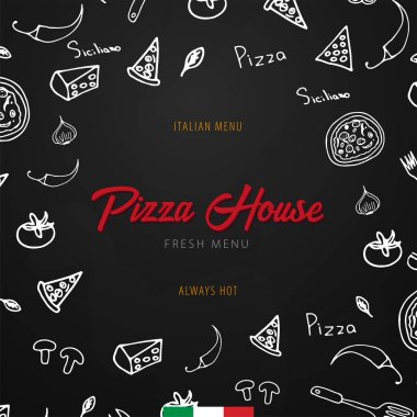 Pizza yemek menüsü için restoran ve kafe. Tasarım afiş grafik öğeleri elle çizilmiş doodle tarzı ile. Vektör çizim.