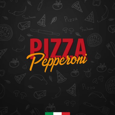 Pizza yemek menüsü için restoran ve kafe. Tasarım afiş grafik öğeleri elle çizilmiş doodle tarzı ile. Vektör çizim.