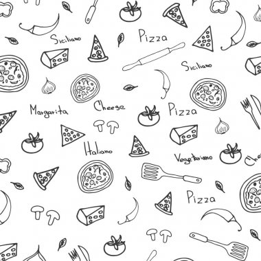 Pizza desen. Pizza arka planda Doodle tarzı. Vektör çizim.