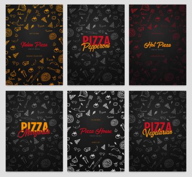 Pizza yemek menüsü restoran ve kafe için kümesi. Grafik öğeleri elle çizilmiş doodle tarzı tasarım yapın. Vektör çizim.