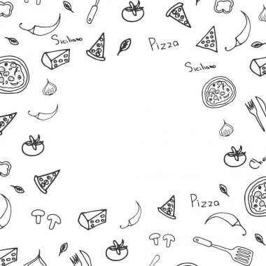 Pizza yemek menüsü için restoran ve kafe. Tasarım afiş grafik öğeleri elle çizilmiş doodle tarzı ile. Vektör çizim.