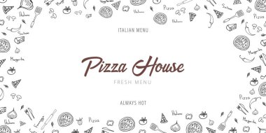 Pizza yemek menüsü için restoran ve kafe. Tasarım afiş grafik öğeleri elle çizilmiş doodle tarzı ile. Vektör çizim.