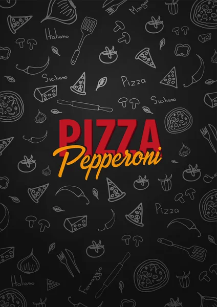 Pizza yemek menüsü için restoran ve kafe. Grafik öğeleri elle çizilmiş doodle tarzı tasarım şablonu. Vektör çizim. — Stok Vektör