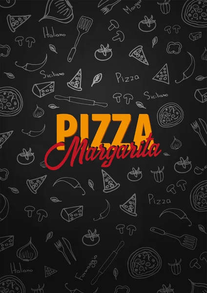 Menú de comida de pizza para restaurante y cafetería. Plantilla de diseño con elementos gráficos dibujados a mano en estilo doodle. Ilustración vectorial . — Vector de stock