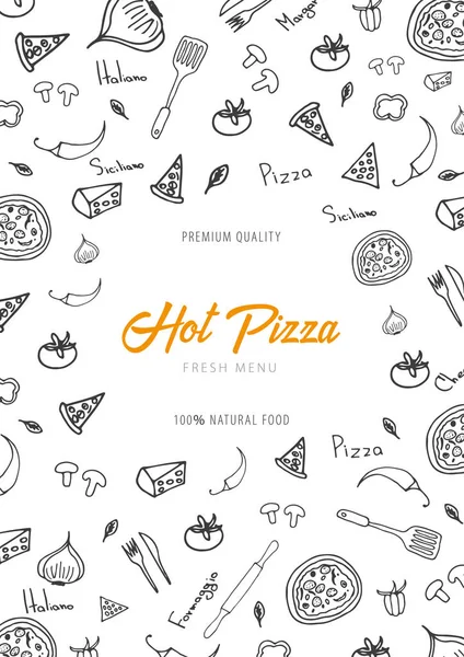 Menú de comida de pizza para restaurante y cafetería. Plantilla de diseño con elementos gráficos dibujados a mano en estilo doodle. Ilustración vectorial . — Vector de stock