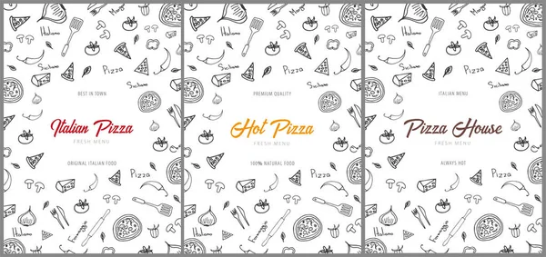 Set de menú de Pizza para restaurante y cafetería. Diseño con elementos gráficos dibujados a mano en estilo doodle. Ilustración vectorial . — Vector de stock