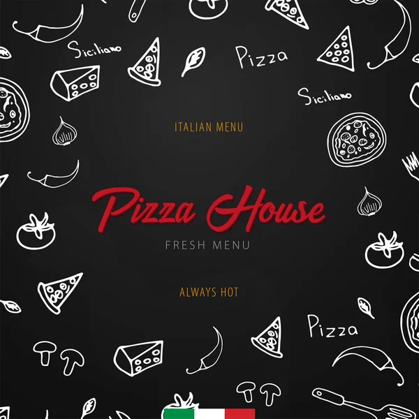 Pizza food menu for restaurant and cafe. Design banner with hand-drawn graphic elements in doodle style. Vector Illustration. — Stock Vector