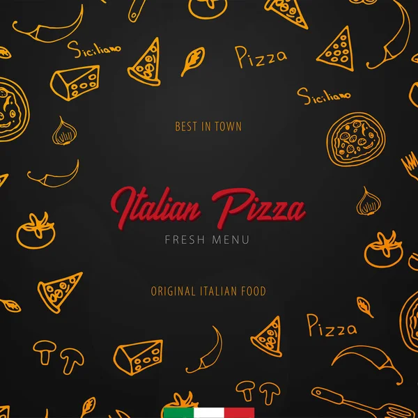 Menú de comida de pizza para restaurante y cafetería. Banner de diseño con elementos gráficos dibujados a mano en estilo doodle. Ilustración vectorial . — Vector de stock