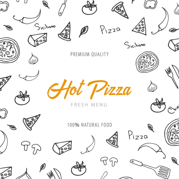 Menú de comida de pizza para restaurante y cafetería. Banner de diseño con elementos gráficos dibujados a mano en estilo doodle. Ilustración vectorial . — Vector de stock