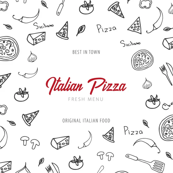 Pizza meny för restaurang och café. Design en banderoll med handritade grafiska element i doodle stil. Vektorillustration. — Stock vektor