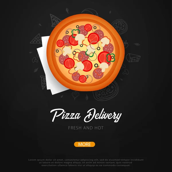 Menu de comida de pizza para restaurante e café. Banner de design com elementos gráficos desenhados à mão em estilo doodle. Ilustração vetorial . — Vetor de Stock