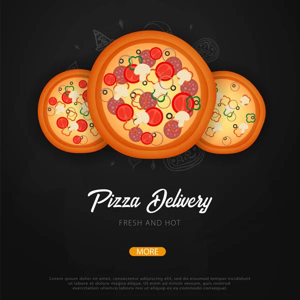 Menu de comida de pizza para restaurante e café. Banner de design com elementos gráficos desenhados à mão em estilo doodle. Ilustração vetorial . — Vetor de Stock