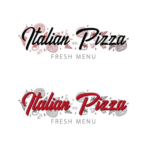 Pizza food logo or emblem for restaurant and cafe. Design with hand-drawn graphic elements in doodle style. Vector Illustration. — Stock Vector