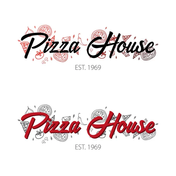 Pizza yemek logo veya amblem için restoran ve kafe. Grafik öğeleri elle çizilmiş doodle tarzı tasarım yapın. Vektör çizim. — Stok Vektör