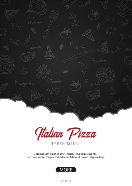 Pizza yemek menüsü için restoran ve kafe. Poster grafik öğeleri elle çizilmiş doodle tarzı ile. Vektör çizim. — Stok Vektör
