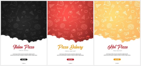 Élelmiszer-menü Pizza étterem és kávézó készlet. Poszter a grafikai elemeket kézzel rajzolt firka stílusban. Vektoros illusztráció. — Stock Vector