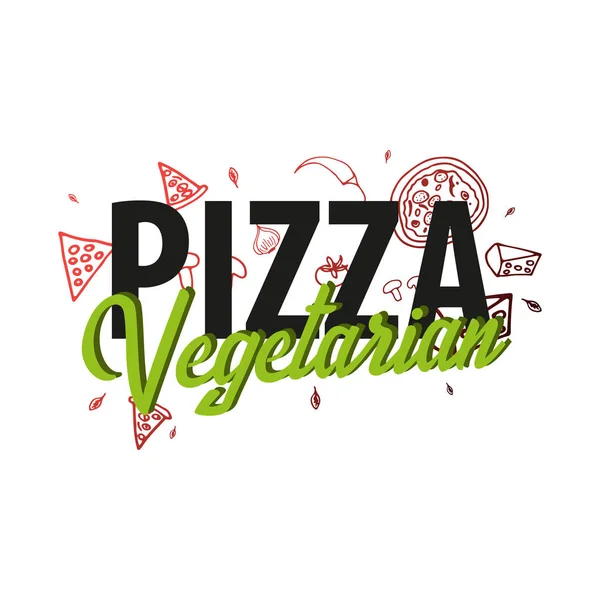 Logo de la comida de pizza o emblema para restaurante y cafetería. Diseño con elementos gráficos dibujados a mano en estilo doodle. Ilustración vectorial . — Vector de stock
