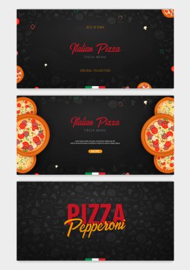 Pizza yemek menüsü restoran ve kafe için kümesi. Grafik öğeleri elle çizilmiş doodle tarzı ile banner. Vektör çizim.