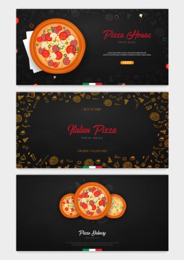 Pizza yemek menüsü restoran ve kafe için kümesi. Grafik öğeleri elle çizilmiş doodle tarzı ile banner. Vektör çizim.
