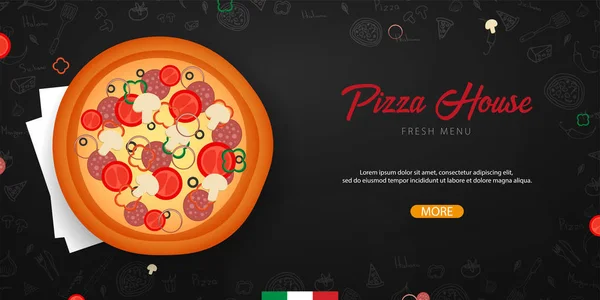 Pizza yemek menüsü için restoran ve kafe. Tasarım afiş grafik öğeleri elle çizilmiş doodle tarzı ile. Vektör çizim. — Stok Vektör