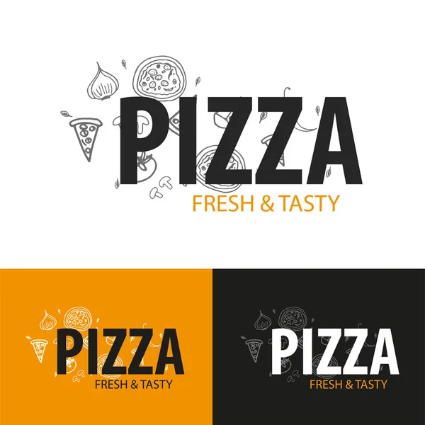 ピザ食品ロゴやレストラン、カフェのエンブレムです。落書きスタイルで手描きのグラフィック要素とデザインします。ベクトル図. — ストックベクタ