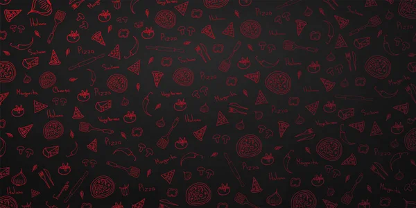 Pizza eten menu voor restaurant en café. Ontwerp banner met handgetekende grafische elementen in doodle stijl. Vectorillustratie. — Stockvector