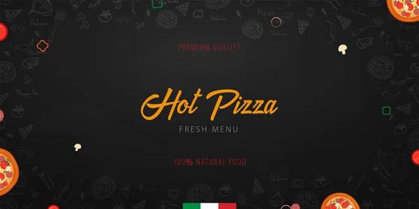 Menú de comida de pizza para restaurante y cafetería. Banner de diseño con elementos gráficos dibujados a mano en estilo doodle. Ilustración vectorial . — Archivo Imágenes Vectoriales