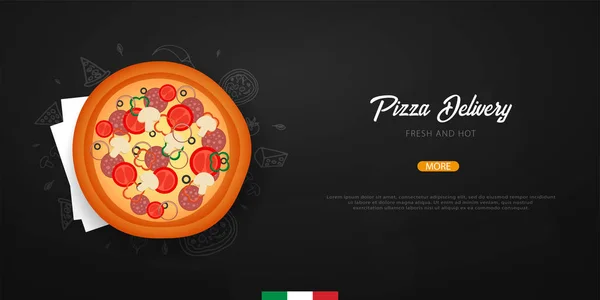 Pizza food menu for restaurant and cafe. Design banner with hand-drawn graphic elements in doodle style. Vector Illustration. — Stock Vector