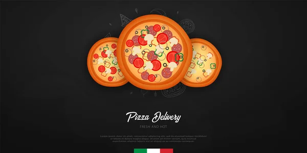 Menú de comida de pizza para restaurante y cafetería. Banner de diseño con elementos gráficos dibujados a mano en estilo doodle. Ilustración vectorial . — Vector de stock