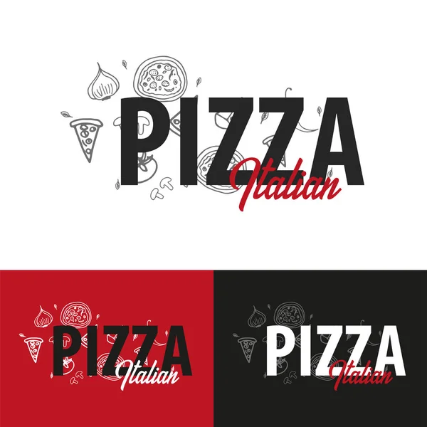 Pizza potravin logo nebo znak pro restaurace a kavárny. Navrhujte s ručně kreslené grafické prvky ve stylu doodle. Vektorové ilustrace. — Stockový vektor