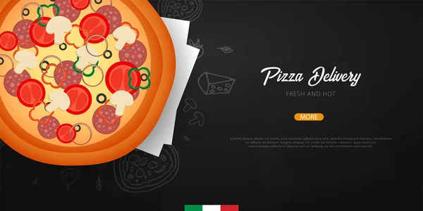 Menú de comida de pizza para restaurante y cafetería. Banner de diseño con elementos gráficos dibujados a mano en estilo doodle. Ilustración vectorial . — Archivo Imágenes Vectoriales