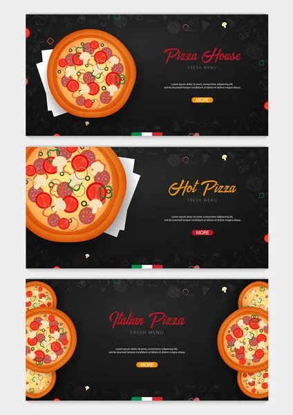 Conjunto de menu de comida Pizza para restaurante e café. Banner com elementos gráficos desenhados à mão no estilo doodle. Ilustração vetorial . — Vetor de Stock