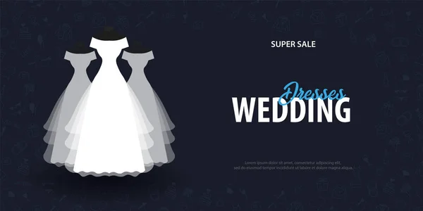 Vestidos de casamento. Banner da agência de casamento plana com mão desenhar rabiscar em um fundo. Ilustração vetorial . —  Vetores de Stock