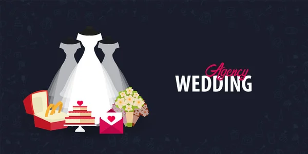 Lapos esküvői Ügynökség banner keze felhívni doodle a háttérben. Vektoros illusztráció. — Stock Vector
