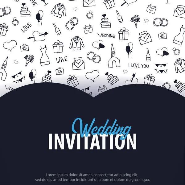 Boda Invitación tamplate con elementos de garabato sobre un fondo. Guarda la tarjeta de fecha. Ilustración vectorial . — Vector de stock