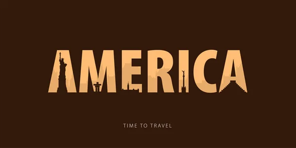 Amerika. Reizen bunner met silhouetten van bezienswaardigheden. Tijd om te reizen. Vectorillustratie. — Stockvector
