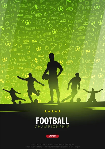 Affiche de conception de football ou de football avec des éléments de gribouillage dessinés à la main sur fond et silhouette de joueur de football. Championnat de football — Image vectorielle