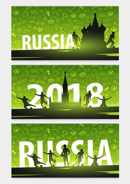 Készlet-ból foci vagy futball tervezése bannerek kézzel felhívni a doodle elemek és labdarúgó játékos sziluettjét. Futball világbajnokság 2018. — Stock Vector