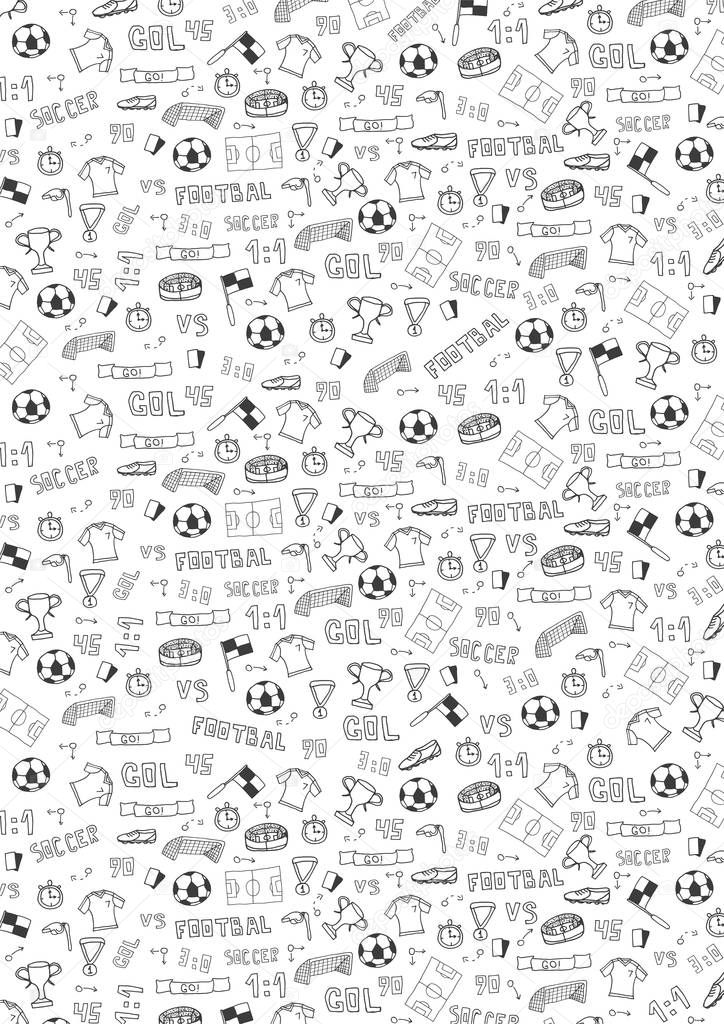 Hand drawn doodle soccer or football background. Isolated elements. Vector illustration.