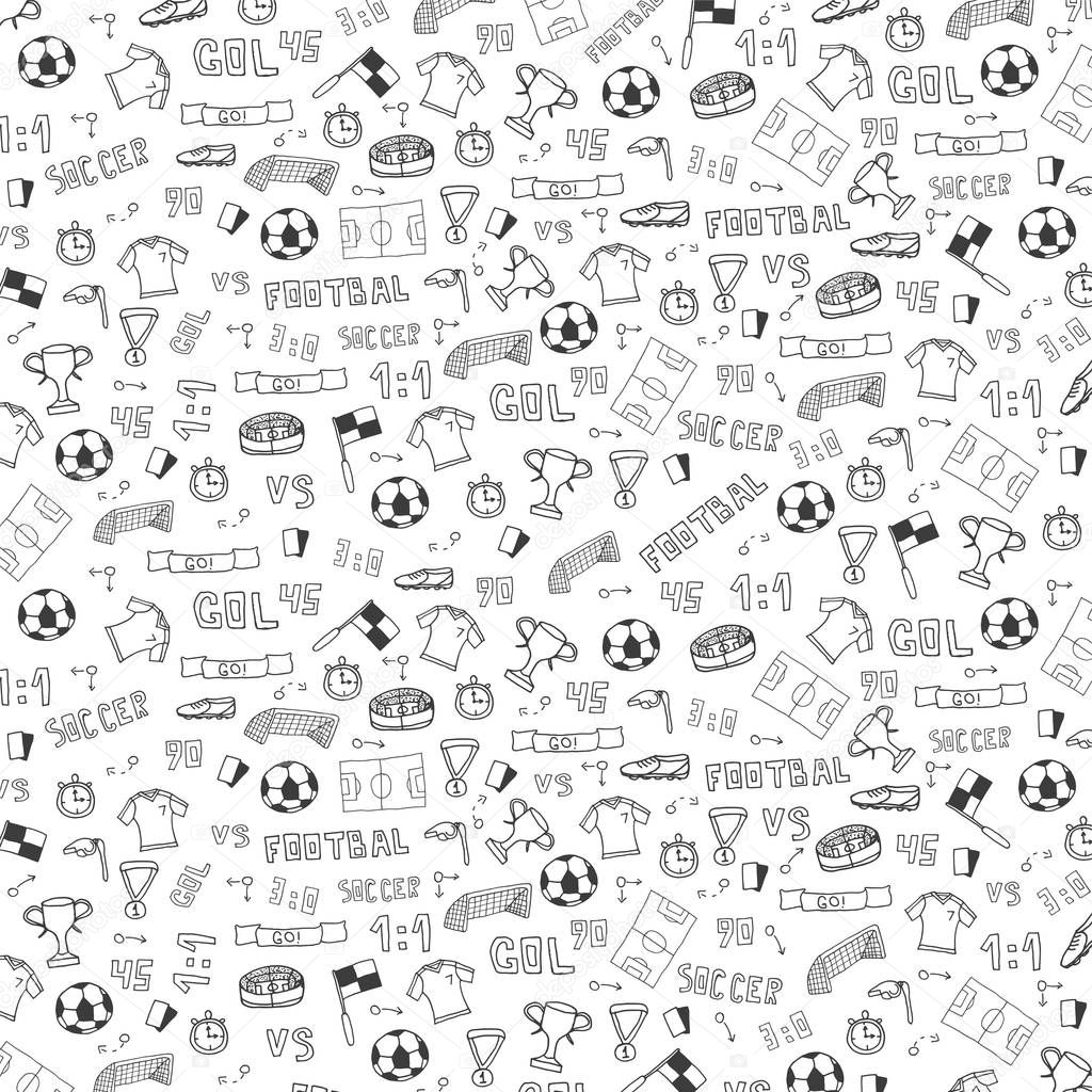 Hand drawn doodle soccer or football background. Isolated elements. Vector illustration.