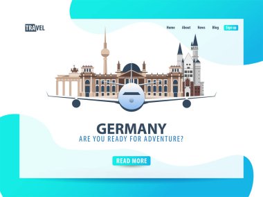 Almanya. Başlık sayfası veya web şablonu web sitesi veya açılış sayfası için seyahat. Seyahat zamanı geldi. UI illüstrasyon vektör.
