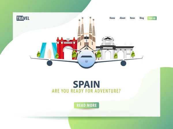 Spanje. Reizen banner of web sjabloon voor website of bestemmingspagina. Tijd om te reizen. Vectorillustratie Ui. — Stockvector