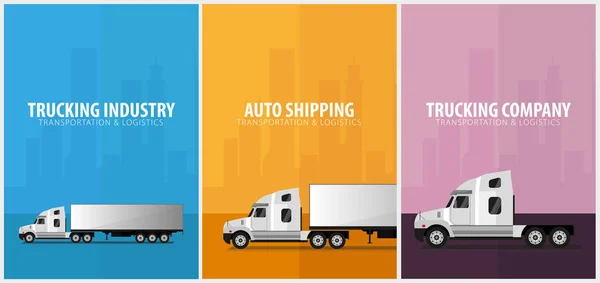 Uppsättning av lastbilstransporter industri affischer, logistik och leverans. Semi truck. Vektorillustration. — Stock vektor