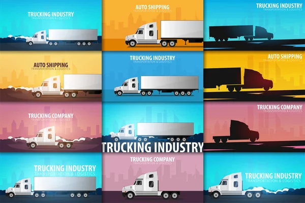 Uppsättning av lastbilstransporter industri banners, logistik och leverans. Semi truck. Vektorillustration. — Stock vektor