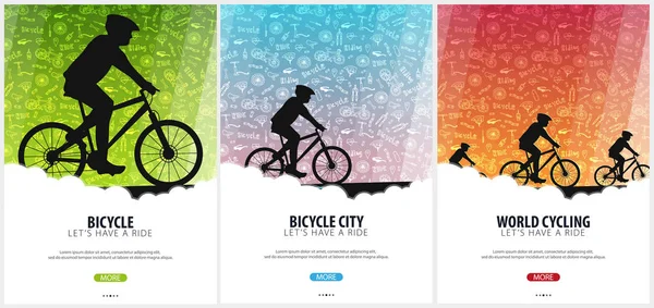 Uppsättning cykel ridning affisch med doodle bakgrund. Sport, aktiv livsstil. Vektorillustration. — Stock vektor