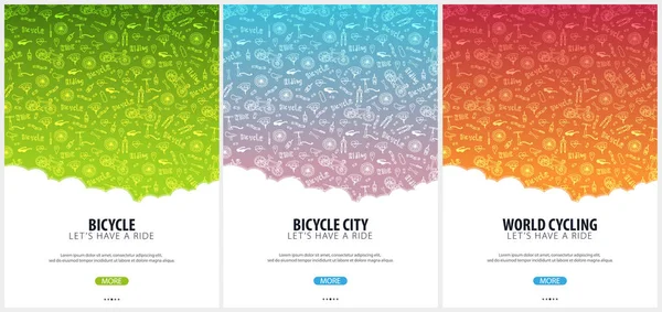 Uppsättning cykel ridning affisch med doodle bakgrund. Sport, aktiv livsstil. Vektorillustration. — Stock vektor