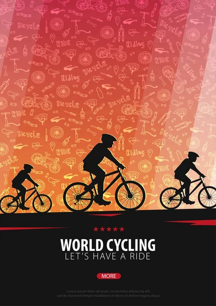 Poster vélo avec fond de doodle. Sport, mode de vie actif. Illustration vectorielle . — Image vectorielle