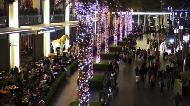 Mensen lopen naast de fontein en de Dubai Mall en de Burj Khalifa. — Stockvideo