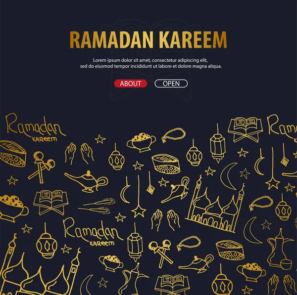 Ilustración de Ramadán Kareem con dibujo a mano doodle fondo para la celebración del festival de la comunidad musulmana . — Vector de stock