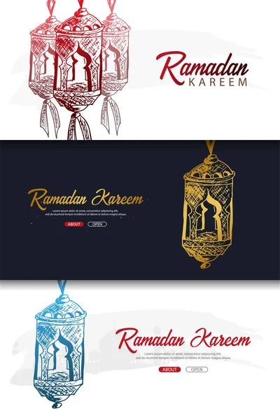 Set Ilustraciones de Ramadán Kareem con mano dibujar doodle fondo para la celebración del festival de la comunidad musulmana . — Vector de stock